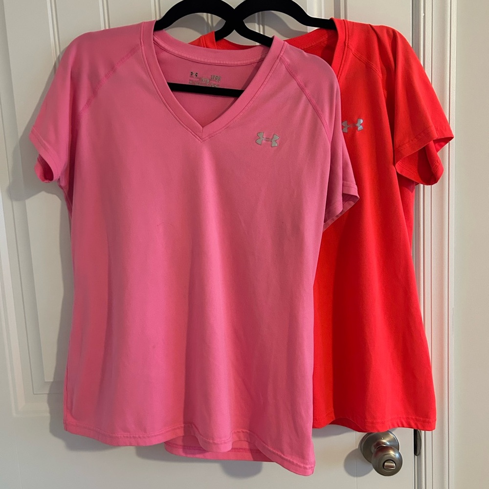 2 LG Women's V-Neck Under Armour Tops - Pink and flourscent  orange (bundle)